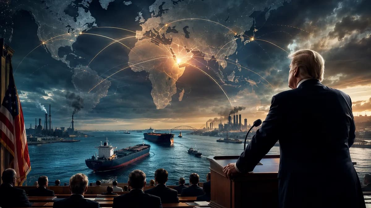 Geopolitical crisis scene showing Hormuz, oil tankers, infrastructure, and lawmakers under tense lighting.