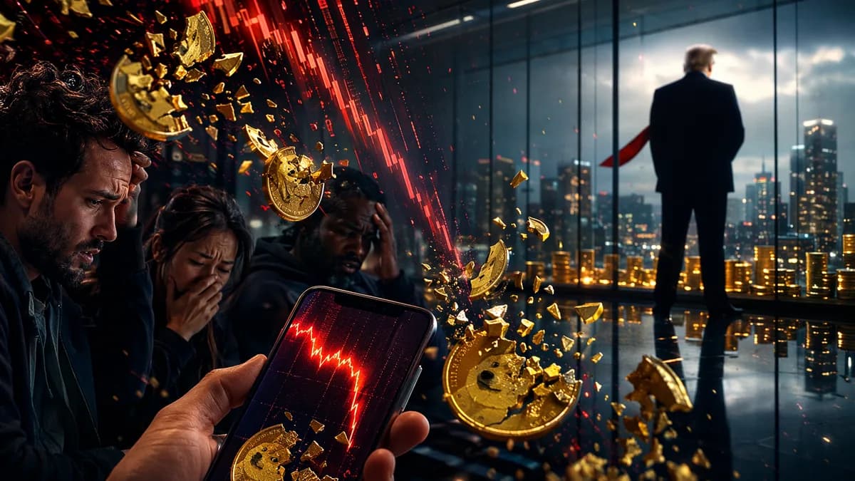 Investors watch a collapsing memecoin market as profits flow toward a political figure silhouette.