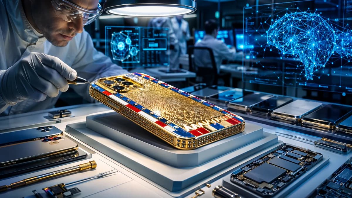 Gaudy gold smartphone inspected in a futuristic tech lab, suggesting a souvenir posing as a serious device.