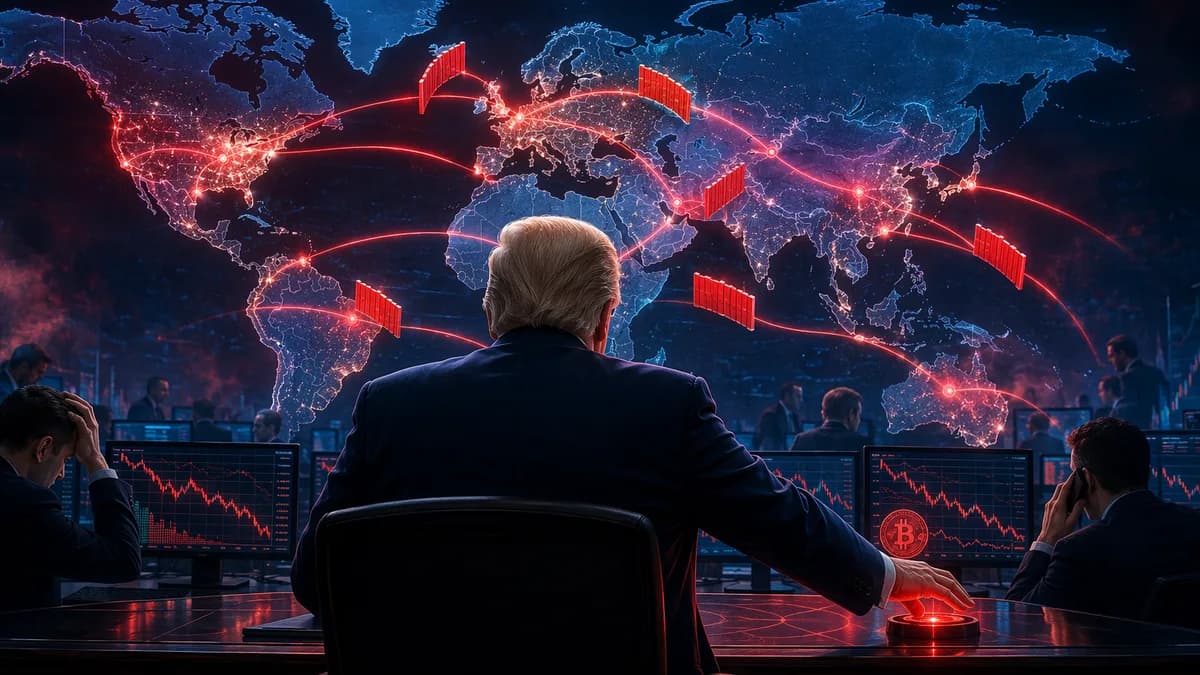 Global trade tariff shock visualized on a trading floor with market screens and a world map.