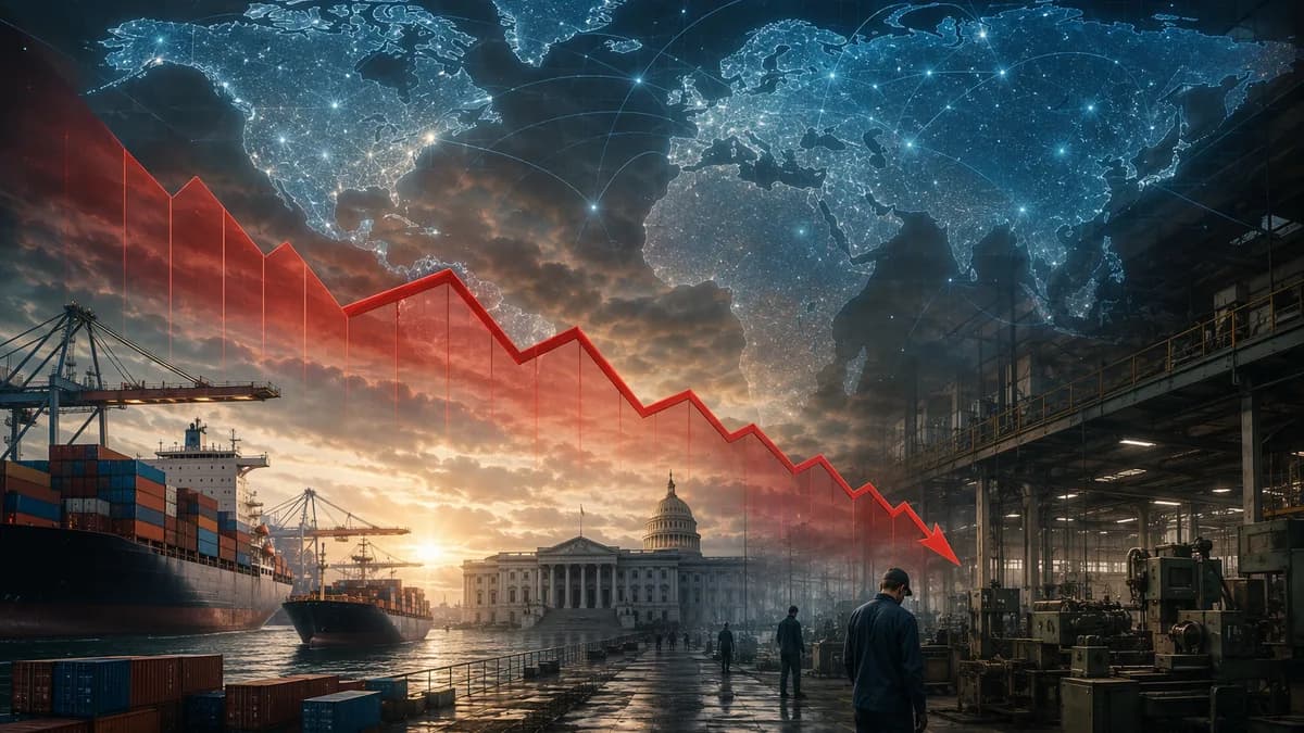Global trade and factory scene with tariff barriers, shipping containers, and a connected world map.