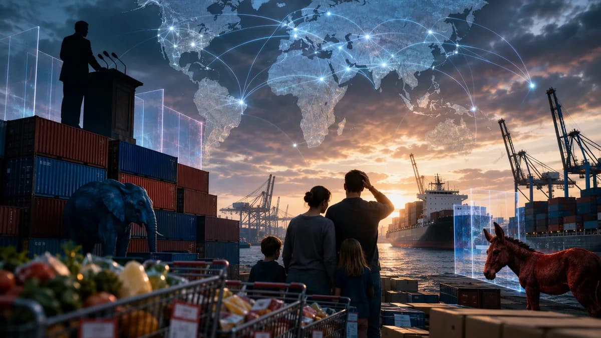 Symbolic U.S. tariff scene with families, cargo containers, and global trade connections.