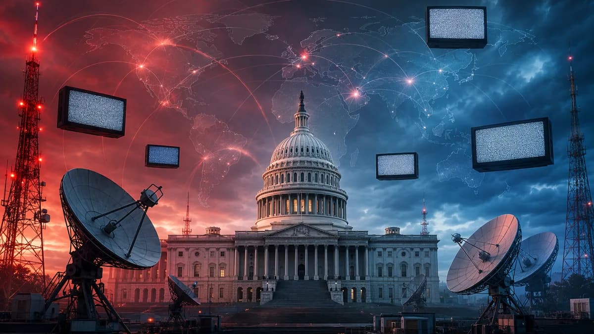 Broadcast towers, government building, and world map symbolize media license threats and press freedom.