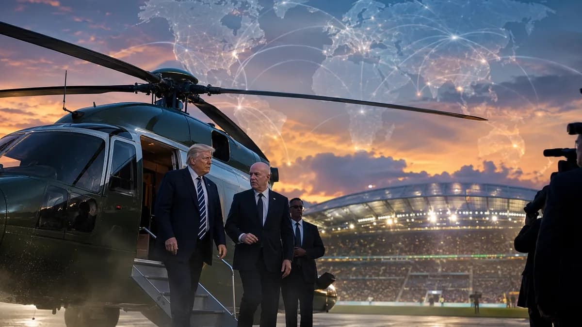 Trump and Infantino arrive by helicopter at a global soccer final amid geopolitical visual themes.