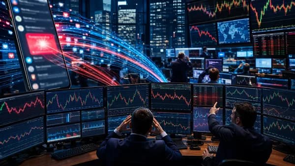 Traders watch rapid social media data streams trigger market volatility on trading floor screens.
