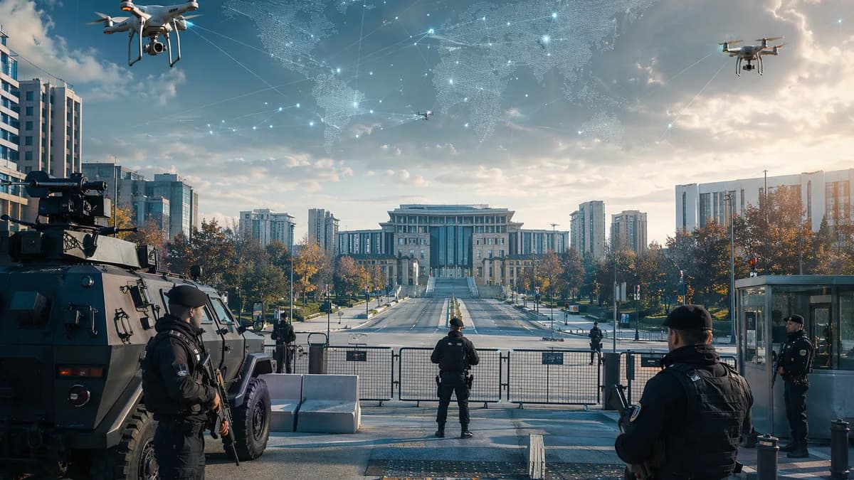 Ankara under tight summit security with empty streets, checkpoints, drones, and a global map overlay.