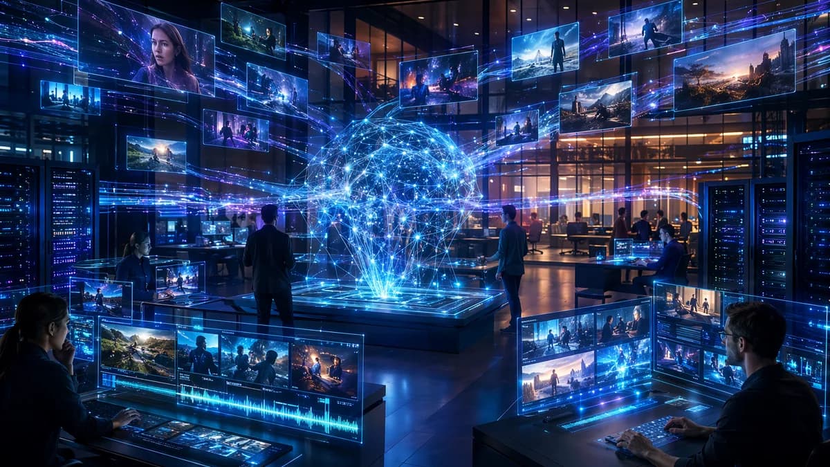 Futuristic lab with video frames and neural networks symbolizing scaled video AI development