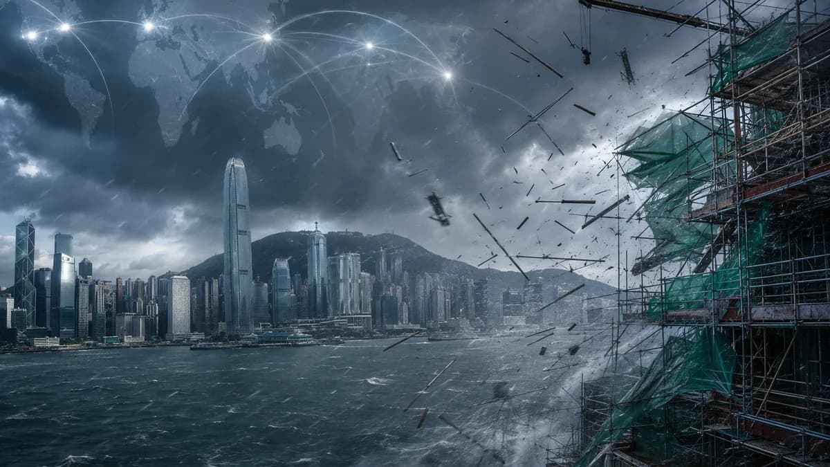 Typhoon winds rip scaffolding from a Hong Kong high-rise amid rain and a global map overlay.