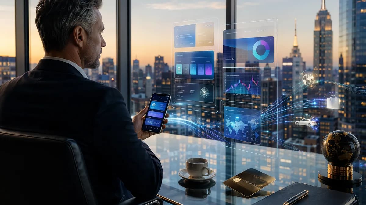 Luxury digital banking scene with smartphone, premium card, city skyline, and secure finance data streams.