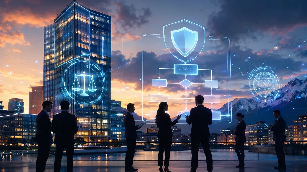 Swiss bank crisis planning visual with regulators, digital exchange network, and secure fintech atmosphere.