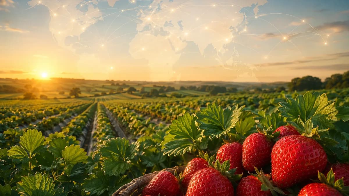 Sunlit UK strawberry field with ripe fruit and subtle global map connections in the sky.