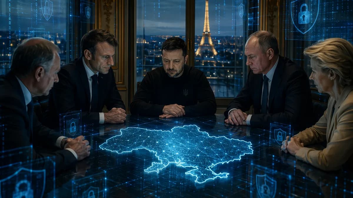 European leaders discuss Ukraine amid cyber defense visuals in a Paris meeting room.