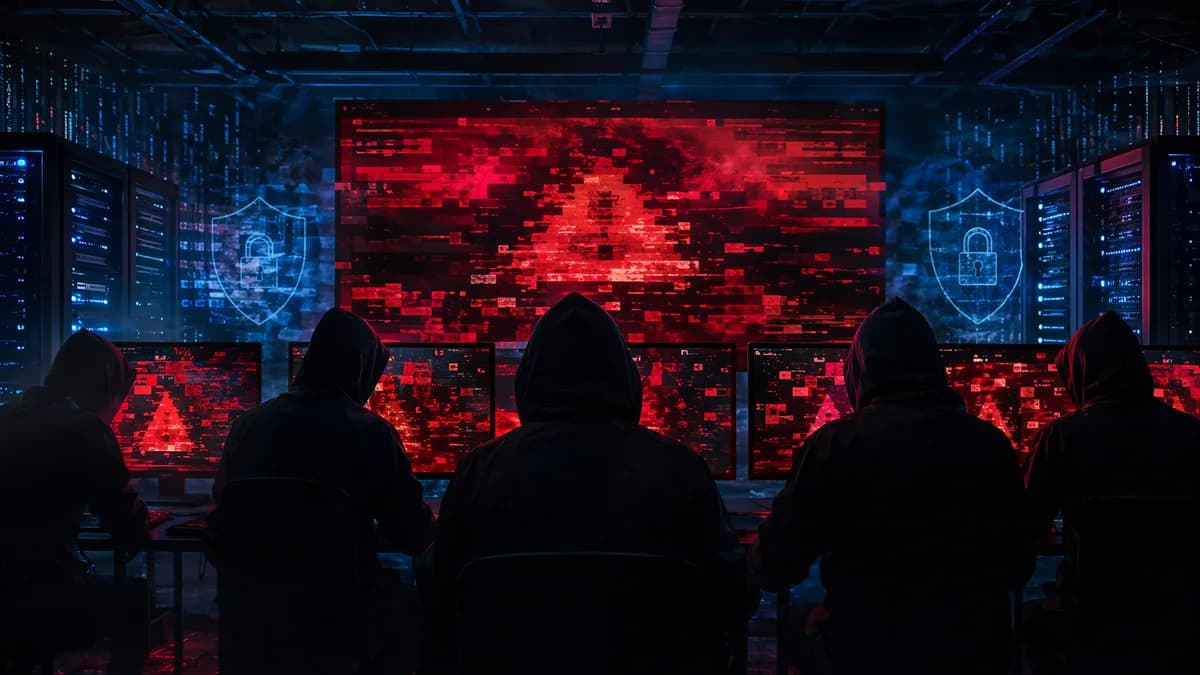 Anonymous hacktivists amid hacked military-style servers with shields, locks, and dark cybersecurity visuals.