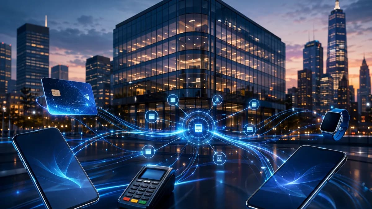 Generic bank headquarters with digital payment streams, cards, phones, and terminals in a fintech city scene.