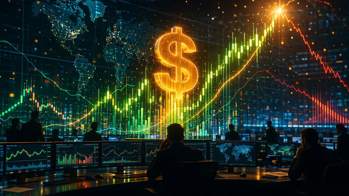 US dollar market rally shown on trading screens with crowded positioning and a potential future slide.
