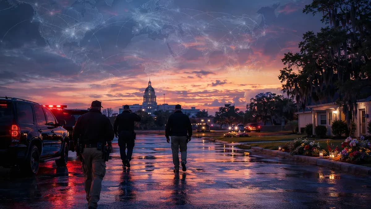 Somber Louisiana law enforcement scene with global map overlay and emergency lights at dusk.
