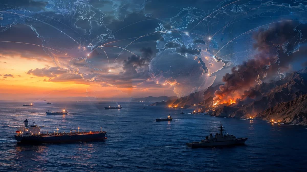 Oil tankers and naval silhouettes near the Strait of Hormuz with distant smoke and global map connections.