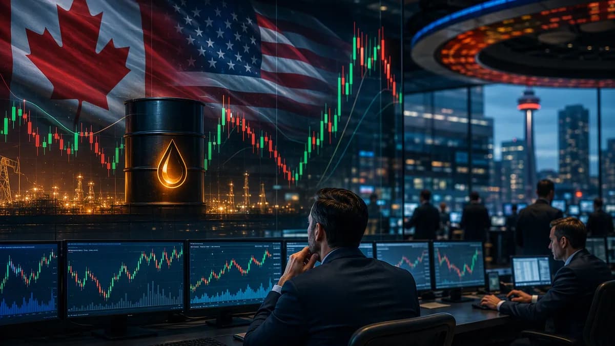 Trading floor with currency charts and oil motif showing cautious USD/CAD market mood