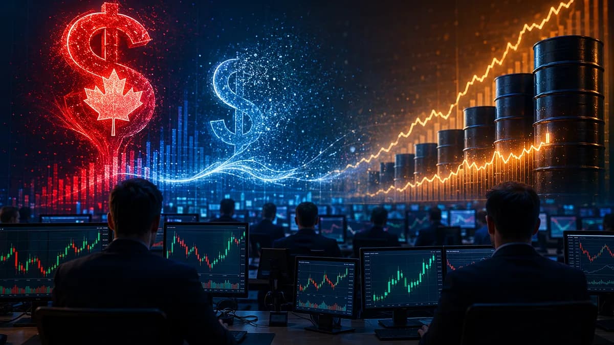 Trading desk visual with rising oil and market charts suggesting Canadian dollar recovery
