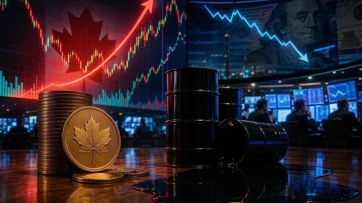 Oil barrels and market charts on a trading floor symbolize crude prices supporting the Canadian dollar.