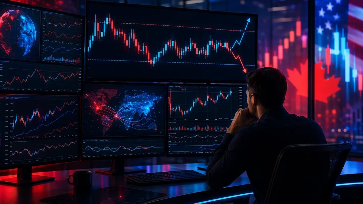 Trader watches USD/CAD market charts ahead of US jobs data in a cinematic trading floor scene