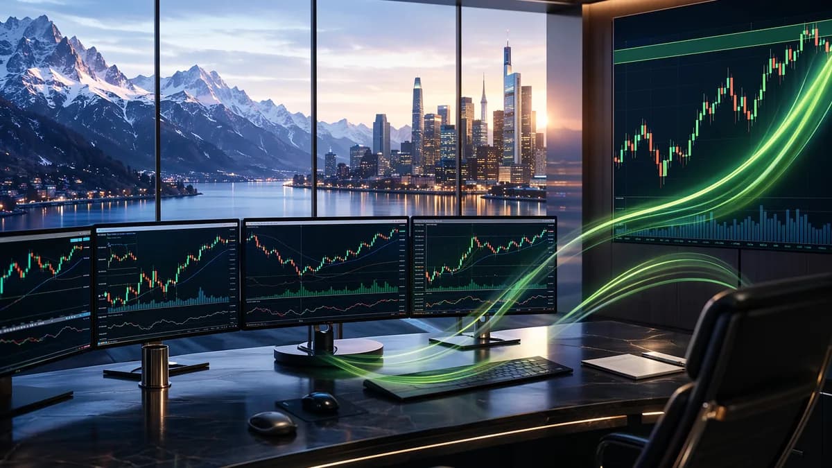 Forex trading desk showing USD/CHF rebound momentum with glowing charts and market data screens