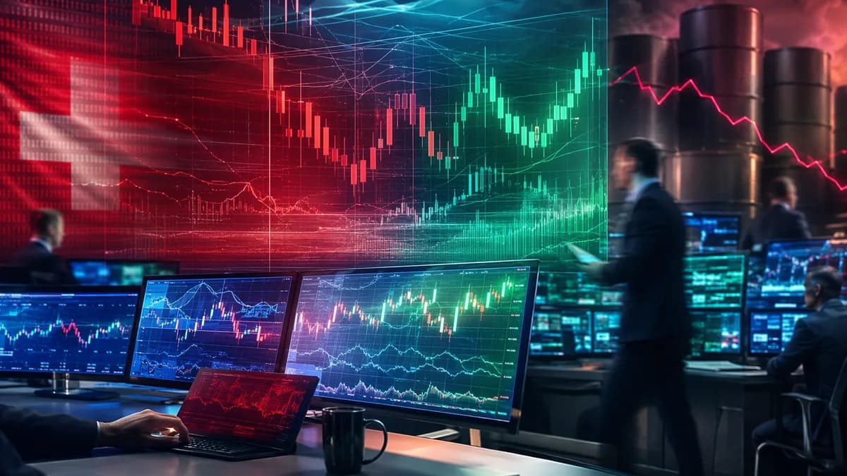 Trading desk with abstract USD/CHF charts and oil barrels, suggesting easing crude and a firmer Swiss franc.