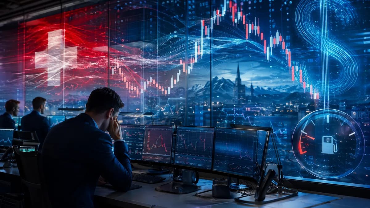 Forex trading desk with Swiss-themed charts fading under stronger dollar market pressure.