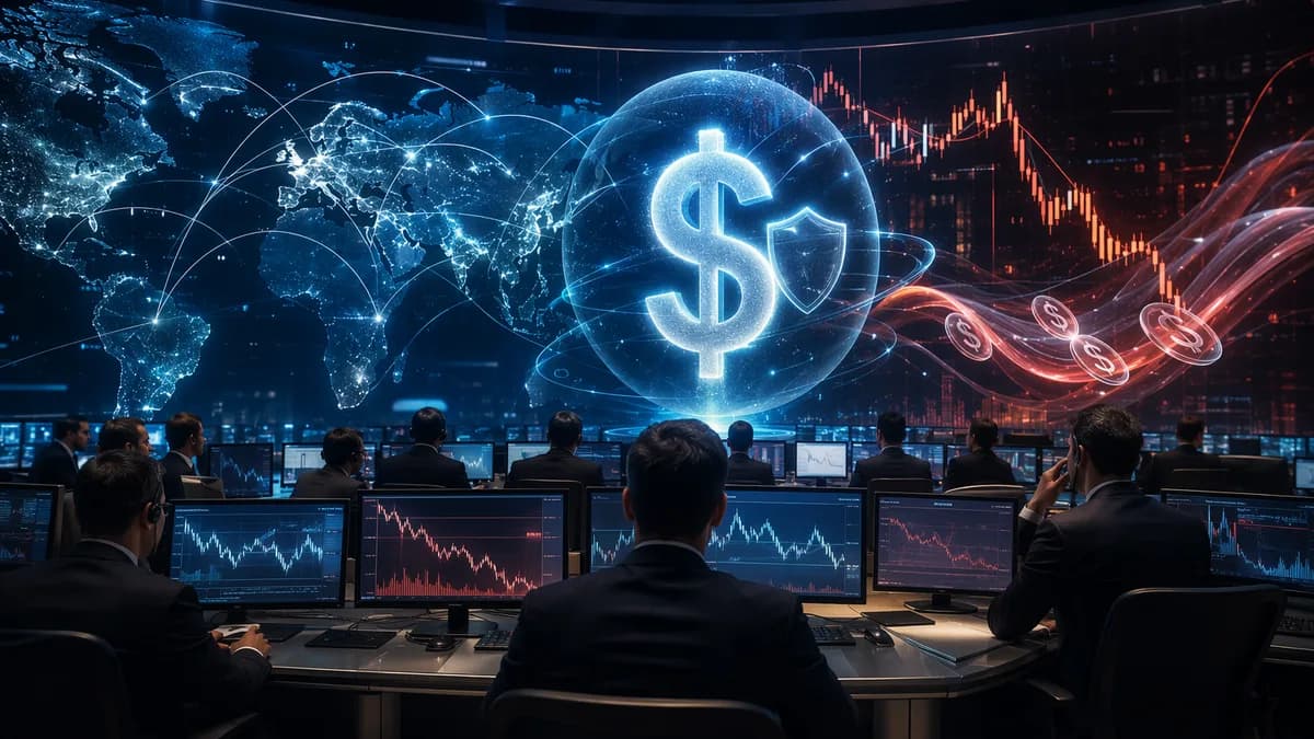 Global traders hedge US dollar exposure amid market data and currency risk visuals.