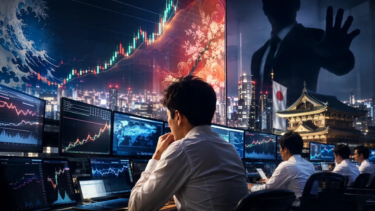 Forex trading desk with rising market charts and tense USD/JPY volatility atmosphere near historic highs.