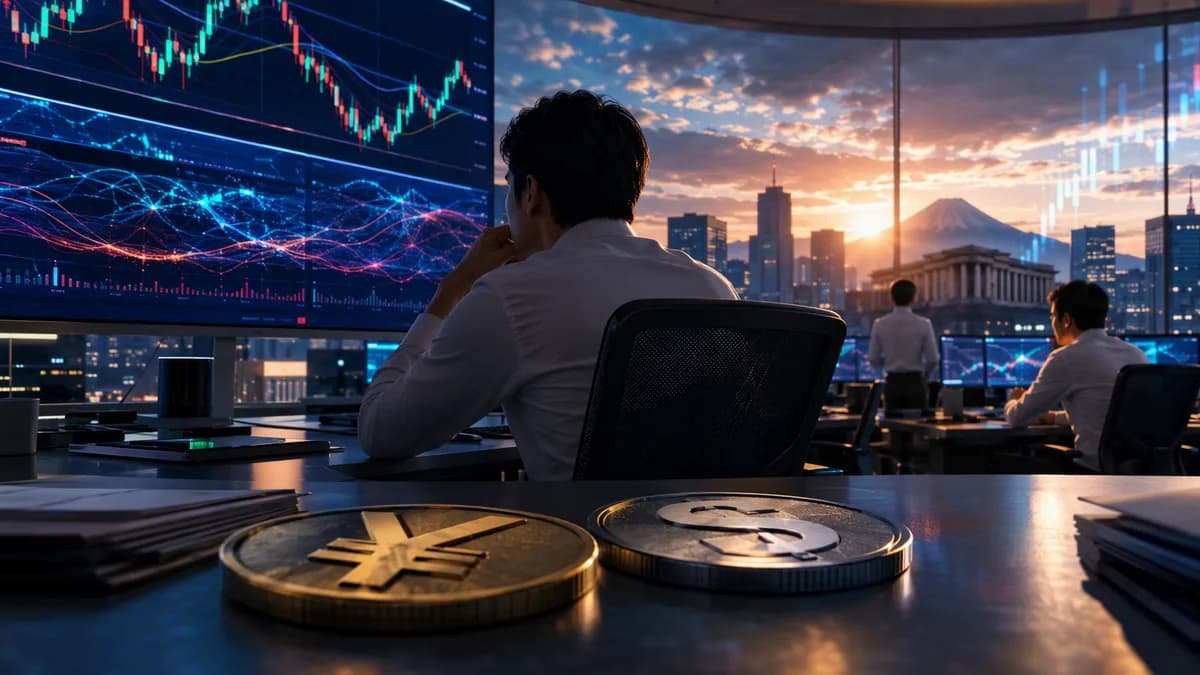 Tokyo forex trading desk with market charts showing yen volatility before a central bank decision