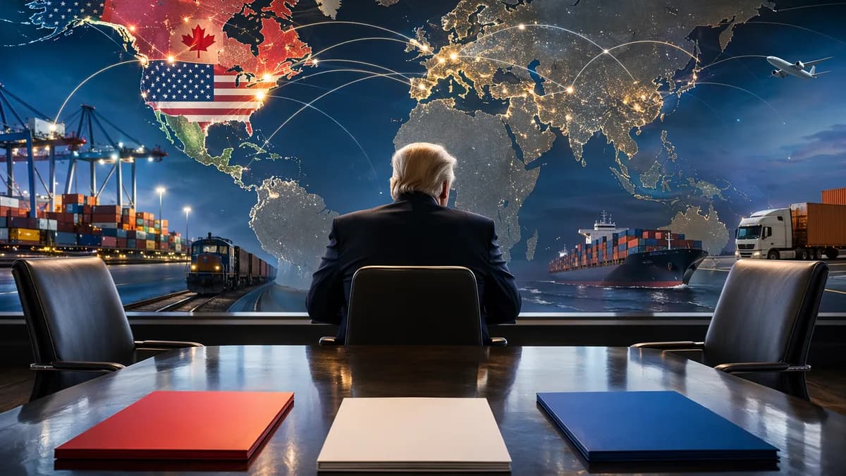 North American trade talks shown with map, routes, and tense empty chairs symbolizing USMCA uncertainty.