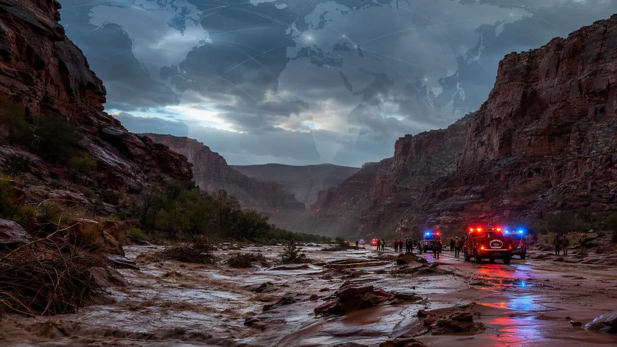 Dramatic Utah canyon flash flood scene with rescue silhouettes and subtle global map overlay.