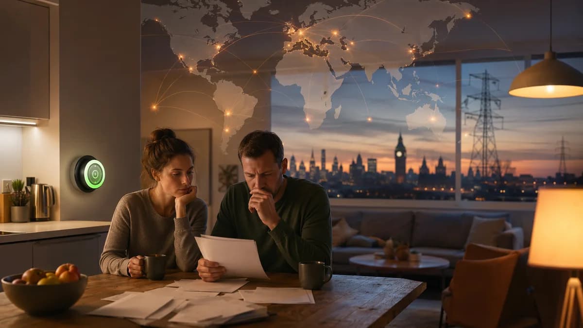 UK home with glowing smart meter, power grid, London skyline, and global map overlay symbolizing energy bills.