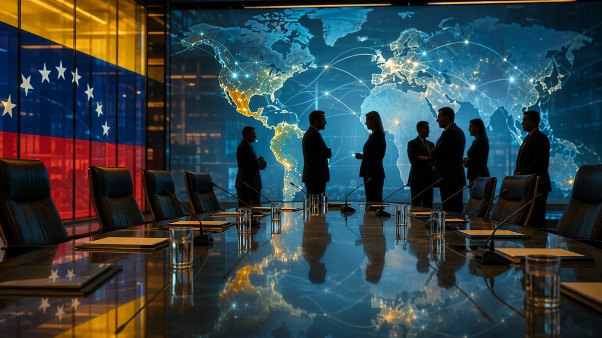 Diplomatic talks scene with Venezuela-themed lighting, world map, and global connection lines.
