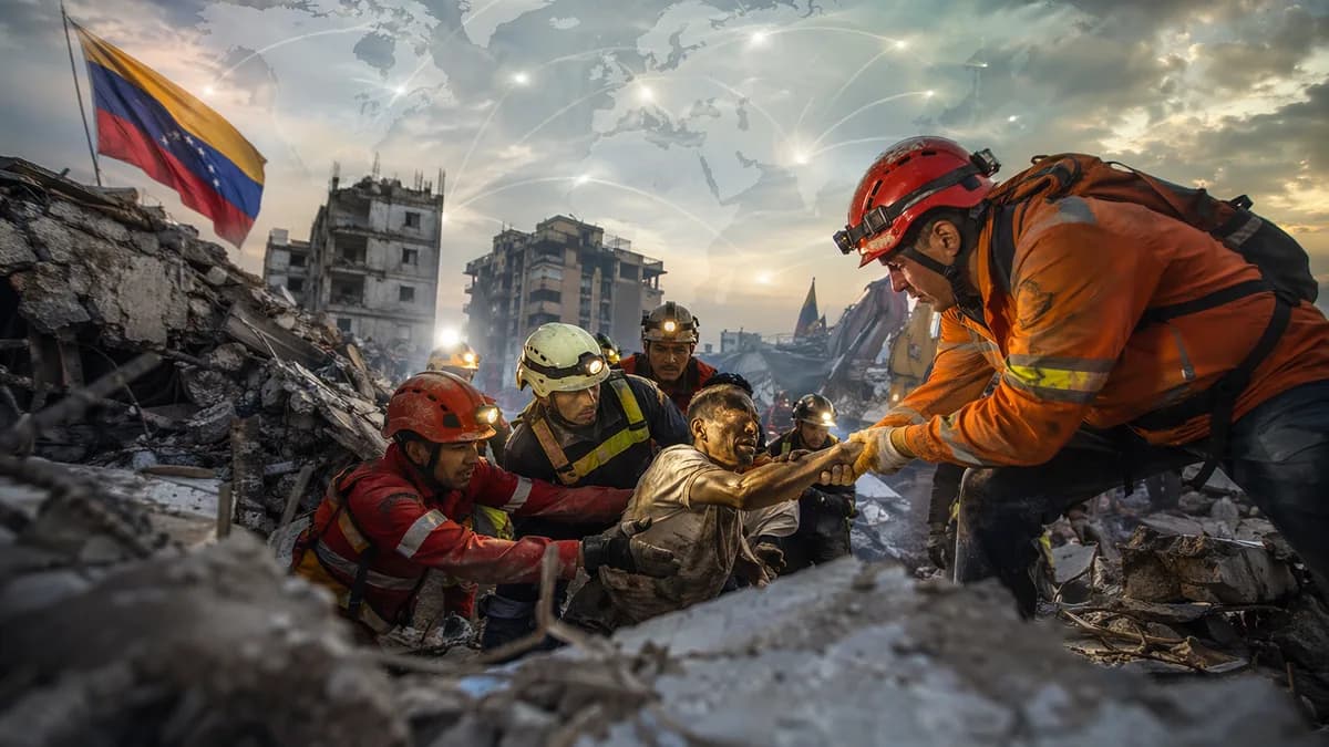 Rescuers pull a survivor from earthquake rubble in Venezuela with a subtle world map overlay.