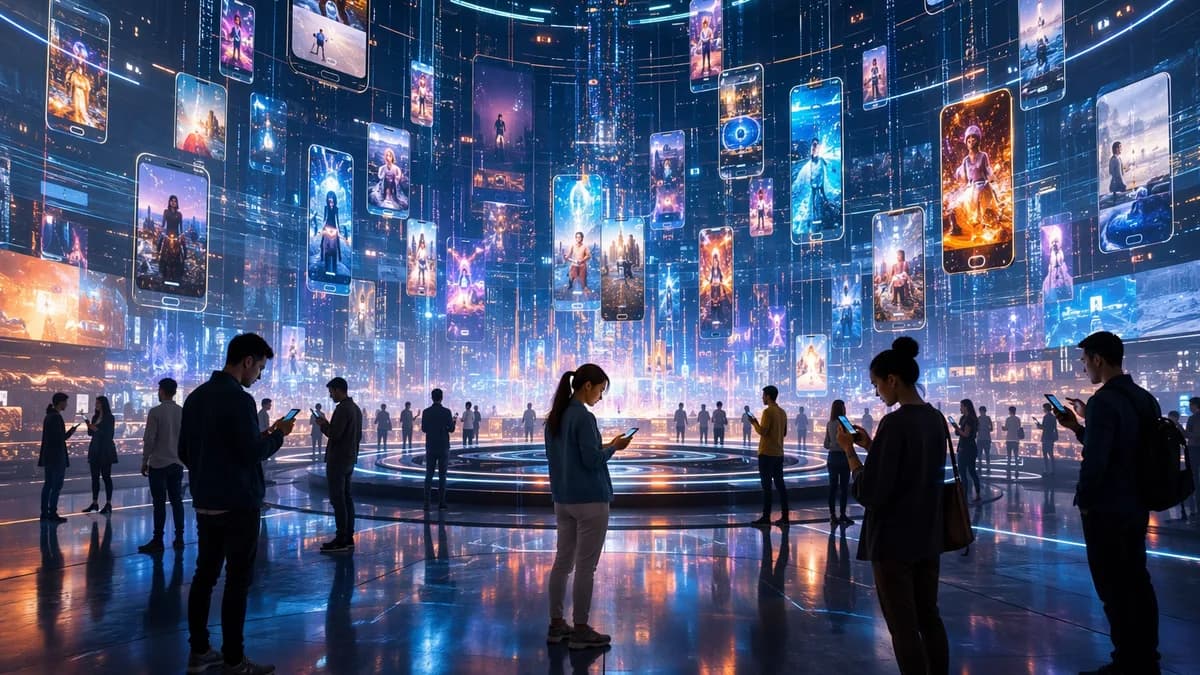 Futuristic tech hub with glowing vertical video panels and people focused on mobile screens.