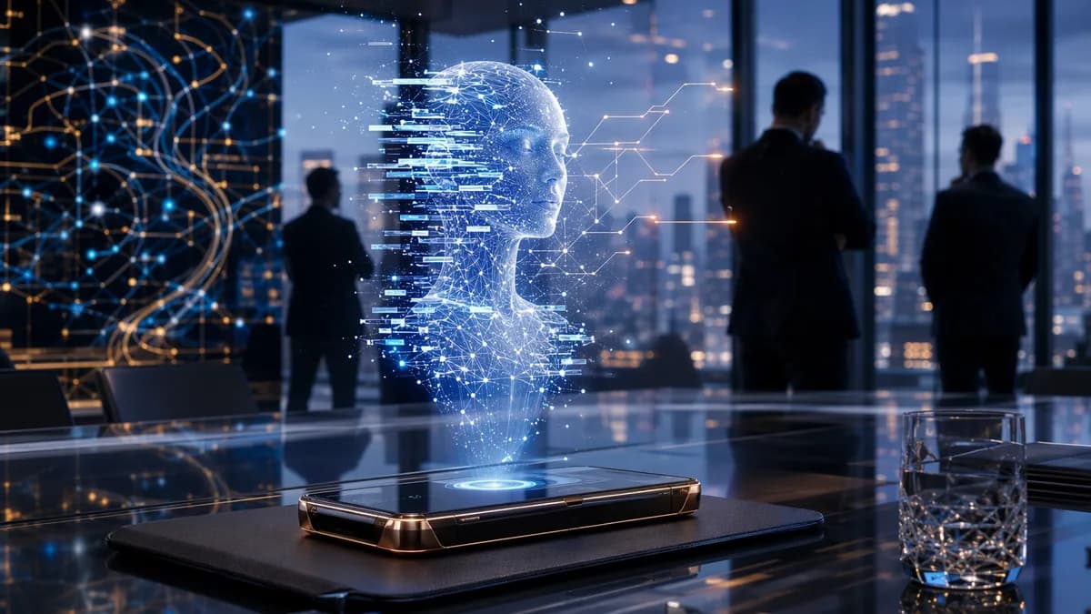 Luxury AI phone in executive office with glitching holographic assistant, suggesting unreliable performance