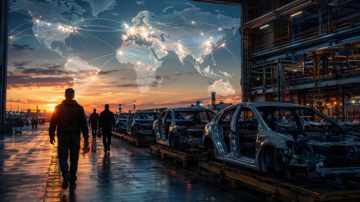 German car factory at dusk with workers leaving and global trade map overlay, symbolizing restructuring.