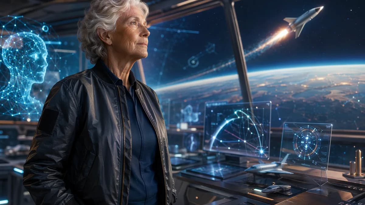 Elderly female aviation pioneer in futuristic spaceflight hub gazing at Earth and spacecraft