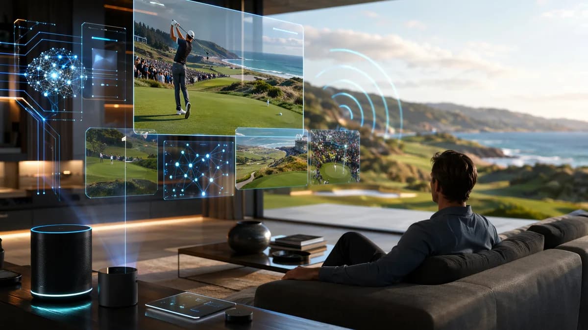 Futuristic streaming setup showing live golf on screens with broadcast signals and tech visuals.