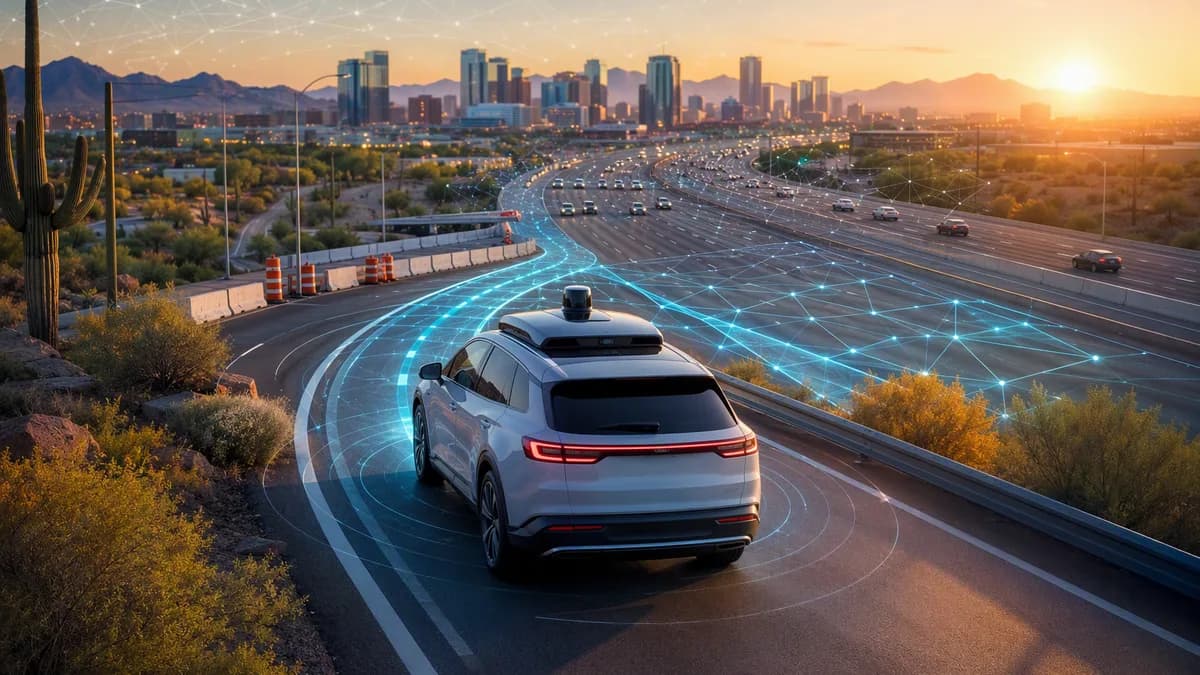 Generic autonomous robotaxi returns to a Phoenix freeway with AI navigation overlays and work-zone barriers.