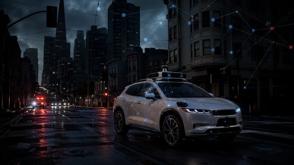 Autonomous robotaxi paused on a dark San Francisco street during a power outage.
