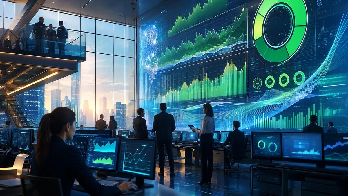 Modern bank dashboard with green credit risk signals and profit growth, hinting at margin pressure.