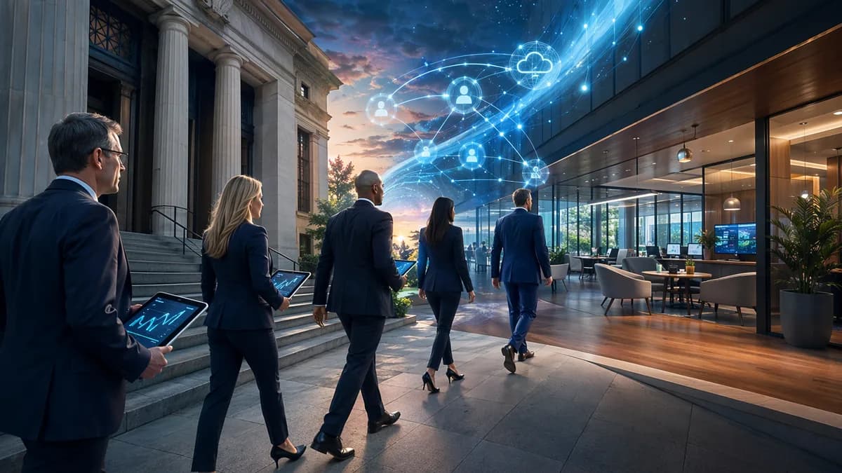 Financial advisors move from a bank tower to an independent digital advisory workspace with asset streams.