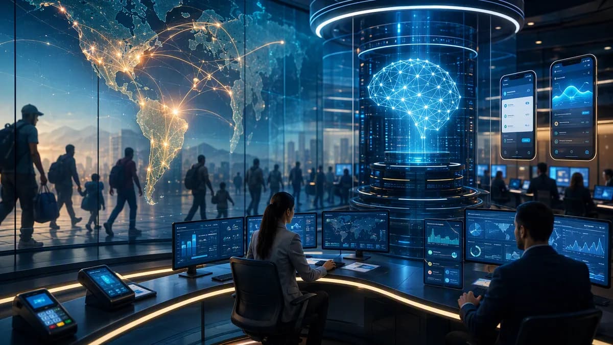 AI-driven remittance operations center with global payment flows and muted migration imagery
