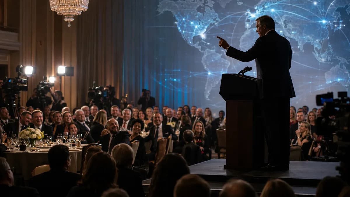 Tense White House press dinner scene with journalists, podium, cameras, and abstract global map lights.