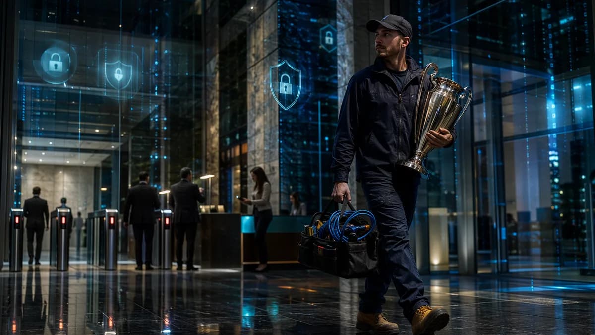 Fake Wi-Fi technician stealing a trophy from a corporate office amid digital security visuals