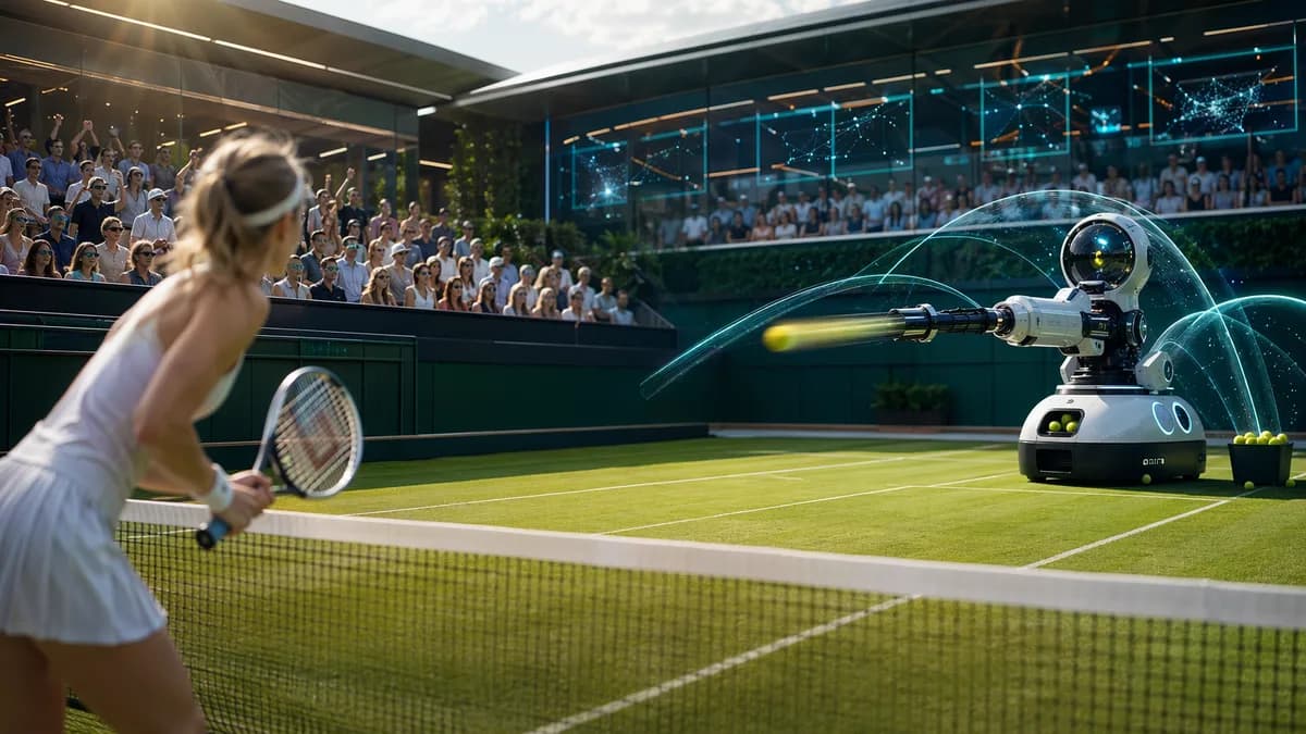 Fans face a robotic tennis server firing a high-speed ball on a grass court.