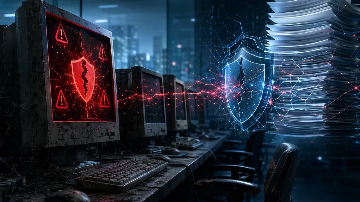 Aging office PCs under cyber threat with strained digital shields and security cost imagery.